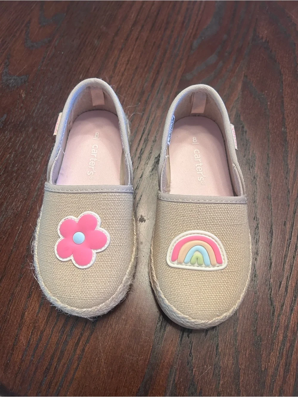 Carter's Beige Canvas Slip-On Sneakers with Pink Flower & Pastel Rainbow
